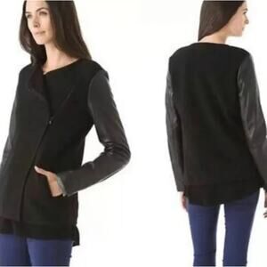 Vince Black Asymmetrical Boucle Wool Jacket Leather Sleeve Motor Zip sz S